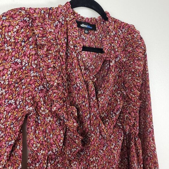 Women's Alice Blue Ruffle Floral Pop Over Front Tie Business casual Red Shirt - Picture 2 of 13